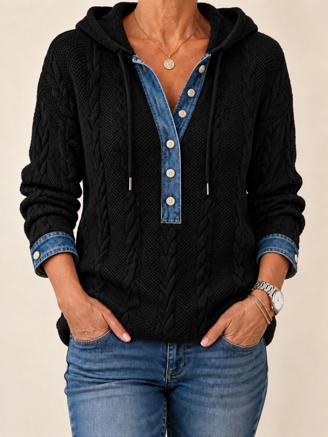 Leonie – Color-Blocking-Hoodie mit Knöpfen